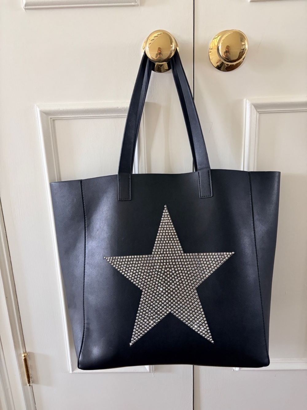 Ahdorned Black Vegan Leather Tote with Silver Stud Star Detail
